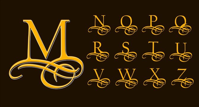 Vintage Set 2. Calligraphic capital letters with curls for Monograms and Logos. Beautiful Filigree Font With elements of Arabic calligraphy