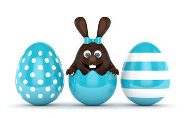 3d rendering of Easter chocolate bunny with painted eggs