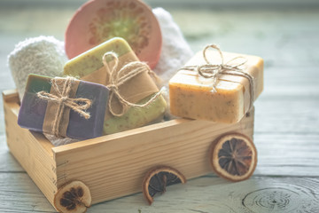 Fototapeta na wymiar handmade soap in wooden box