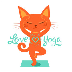 The Yoga Practice. Feel Like a Goddess. Cartoon Funny Cat Doing Yoga Position. Cartoon Meditation Vector With Text I Love Yoga. Yoga - Focus On The Positive.