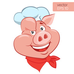 Bbq Theme. Lucky Cook. I Know How To Cook. Smile Pig Chef Head Cartoon Vector Illustration. Pig Cook Character On A White Background.