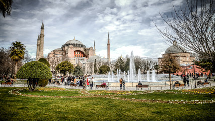 Fototapeta na wymiar Istanbul, Turkey - 4 March, 2013: View of Hagia Sophia (Ayasofya), historic centre of Istanbul UNESCO World Heritage List, 1985, Turkey, 6th century.