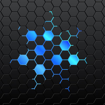 Black background of hexagonal mosaic. Blue background in the cen