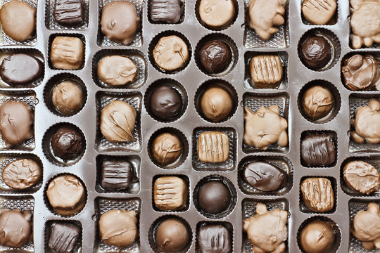 Box Of Assorted Chocolate Valentine Candy Shot From Above.