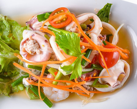 Seafood Salad with Shrimps and Squid Rings