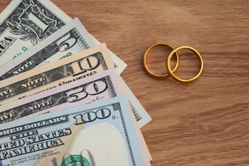 Golden wedding rings on Dollar banknotes cash background. Marriage of convenience