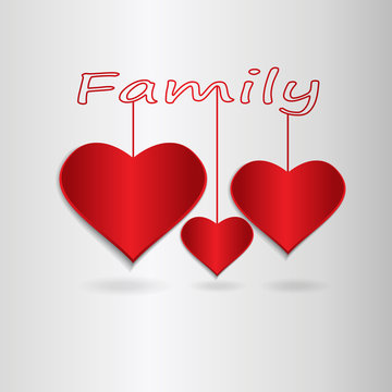 Three red hearts hanging on the word family. Vector illustration