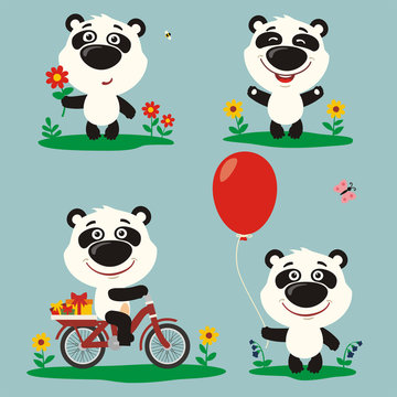 Vector set funny panda bear plays in the meadow. Collection isolated panda bear on bicycle, with balloon and flower in cartoon style.