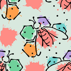 Vector seamless pattern with insect Bees with honeycomb, decorative elements, splash, blots, drop on the white background Hand drawn contour lines and strokes Doodle style, graphic vector illustration