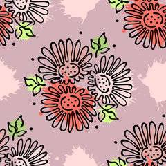 Vector seamless floral pattern with flowers, leaves, decorative elements, splash, blots, drop Hand drawn contour lines and strokes Doodle sketch style, graphic vector drawing illustration