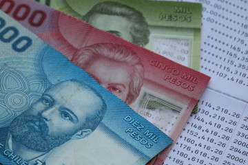 Chilean peso banknote on bank statement, saving investment concept