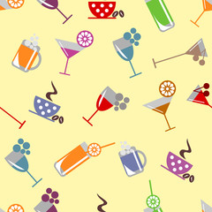 Seamless vector pattern with cocktail, glass, wine glass, beer glass, fruits on the grey background. Series of Food and Drink Seamless Patterns.