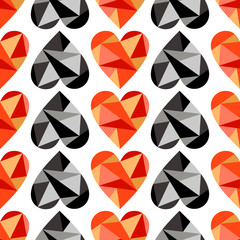 Vector seamless pattern with abstract hearts on the white background. Polygonal design. Geometric triangular origami style, graphic illustration. Series of Love Seamless Patterns.