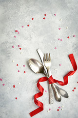 Romantic Valentine day table place setting.Top view.