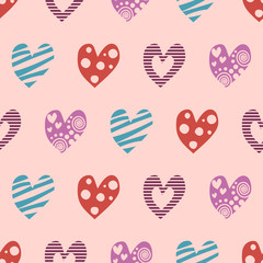 Seamless vector pattern with hearts. Background with hand drawn ornamental symbols. Template for wrapping, decor, surface, cards, backgrounds, textile, print. Decorative repeat ornament.