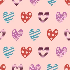 Poster Seamless vector pattern with hearts. Background with hand drawn ornamental symbols. Template for wrapping, decor, surface, cards, backgrounds, textile, print. Decorative repeat ornament. © Valentain Jevee