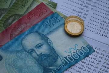 Chilean peso banknote on bank statement, saving investment concept