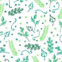 Obraz premium Seamless vector pattern, hand drawn background with flowers, branch, leaves, dots. Hand sketch drawing. Doodle funny style. Series of Hand Drawn seamless childish Patterns.