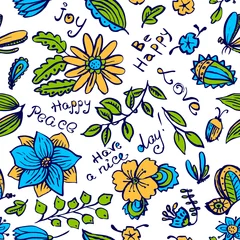 Rolgordijnen Vector floral seamless pattern with butterfly and dragonfly in doodle style © gollli