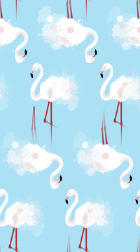 Seamless texture of white flamingos with watercolor splashes on a blue background. Vector background for your creativity