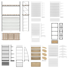 Set of retail store equipment for shops, supermarkets, hypermarkets. Trading racks isolated on white background. Unfolded plane in a top view, front view, side view.