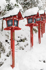 Japanese traditional street light pole with snow fall in winter season