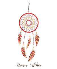 American Indians amulet. Dream catcher with feathers and beads on a white background. Boho style.