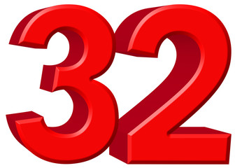 Numeral 32, thirty two, isolated on white background, 3d render