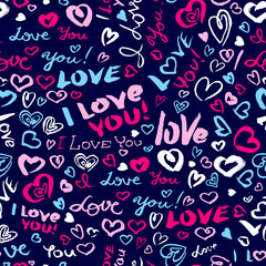 Valentine's day or wedding seamless pattern with hearts and I Love you lettering