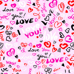 Valentine's day or wedding seamless pattern with hearts and I Love you lettering