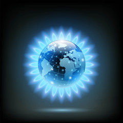 Round blue flame of butane with Planet Earth inside. Gas product