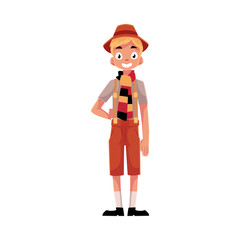 Young man wearing traditional German, Bavarian Oktoberfest costume, cartoon vector illustration isolated on white background. Full length portrait of German, Bavarian boy in traditional costume
