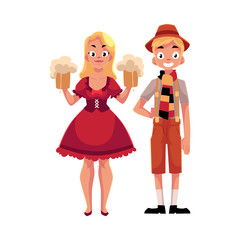 Young man and woman in traditional German, Bavarian, Austrian Oktoberfest costume holding beer mugs, cartoon vector illustration isolated on white background. German couple in traditional costume