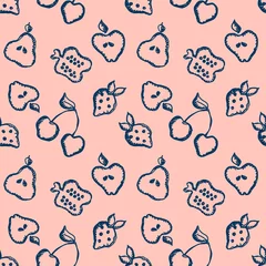 Küchenrückwand glas motiv Seamless vector pattern with cute childish hand drawn fruits Pink doodle background with line drawing sketch apple, pear, strawberry. cherry, berry. pomegranate Graphic repeat doodle illustration © Valentain Jevee