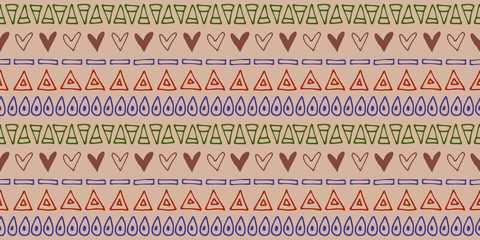 Seamless vector pattern. Ethnic geometrical background with hand drawn little decorative elements. Ethno design. Graphic tribal illustration. Template for wrapping, background, wallpaper, cover