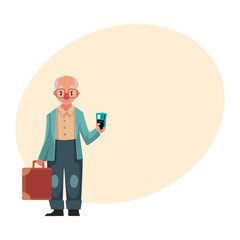 Old, senior, elder man in retro glasses holding suitcase and tickets in airport, cartoon illustration on background with place for text. Full length portrait of senior man travelling with old suitcase