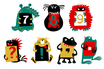 Kids alphabet with cute colorful monsters or insects. Funny animals with numbers