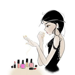 Getting ready for a date by doing nail polishing in beauty salon