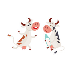 Two spotted Dutch cows, one holding milk bottle, another running on two legs, cartoon vector illustration isolated on white background. Funny cow characters for dairy farm product design