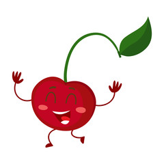 Cute and funny comic style cherry character running with hands up, cartoon vector illustration isolated on white background. Red and ripe cherry berry character, mascot with big eyes