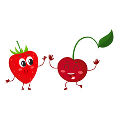 Cute and funny comic style garden strawberry and cherry characters, cartoon vector illustration isolated on white background. Red and ripe strawberry and cherry characters, mascots with big eyes