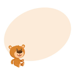 Obraz na płótnie Canvas Cute traditional, retro style teddy bear character sitting, cartoon vector illustration on background with place for text. Teddy bear character, favorite toy from childhood