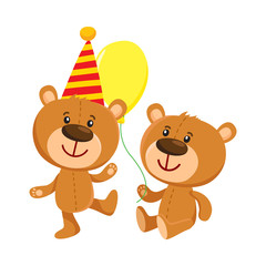 Cute retro style teddy bear characters, standing in birthday cap and sitting with balloon, cartoon vector illustration isolated on white background. Teddy bear character, birthday party