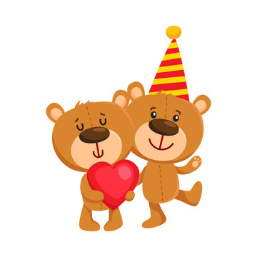 Two cute retro style teddy bear characters, standing in birthday cap and with big red heart, cartoon vector illustration isolated on white background. Teddy bear character, birthday party