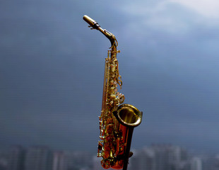 

Golden saxophone on a big stage. Saxophone. Soprano saxophone.
