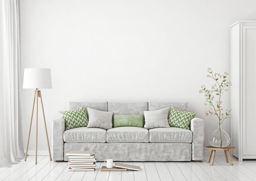 Livingroom Interior with sofa, pillows, lamp, books and vase with flowers on empty white wall background. 3D rendering.