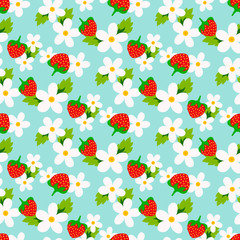 Floral seamless pattern with strawberry and small daisy flowers on blue background