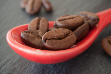 grains de café dans une petit cuillère en gros plan sur ardoise