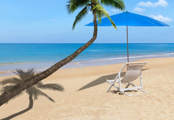Coconut palm tree on the tropical beach with white wooden beach chair and blue parasol and blue sea background