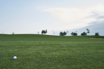 Golf ball on green grass in golf course